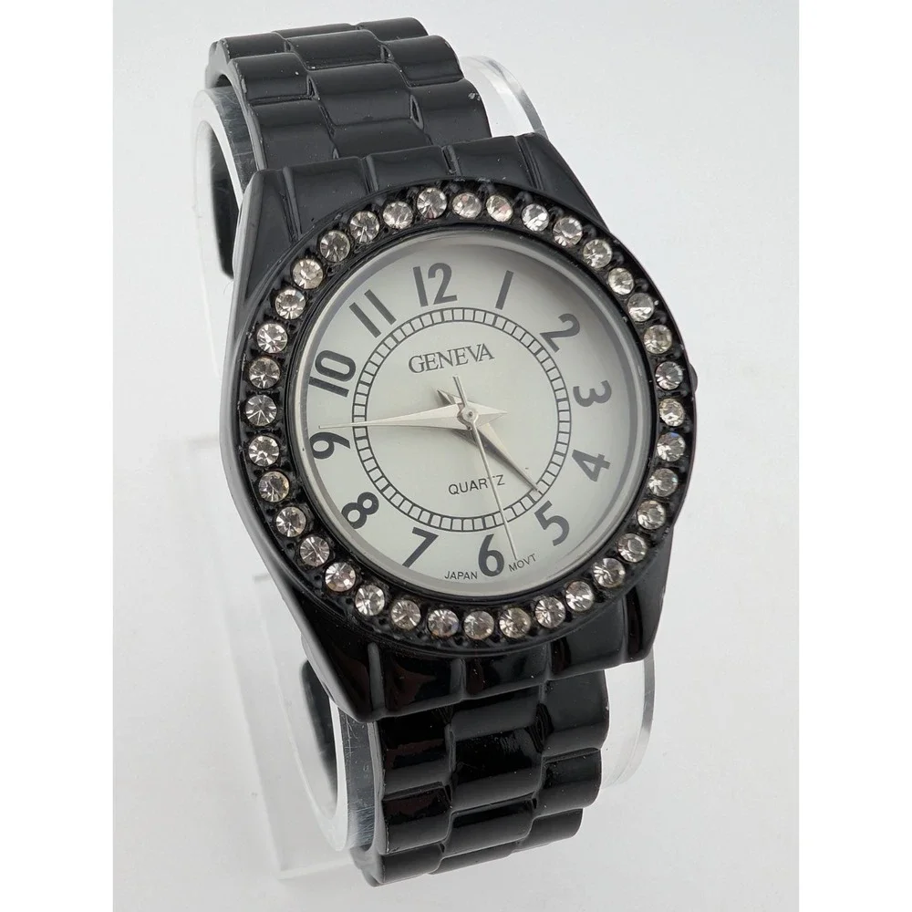 Geneva Watch Women 31mm Case Rhinestone Bezel Black Bangle Band- New Battery